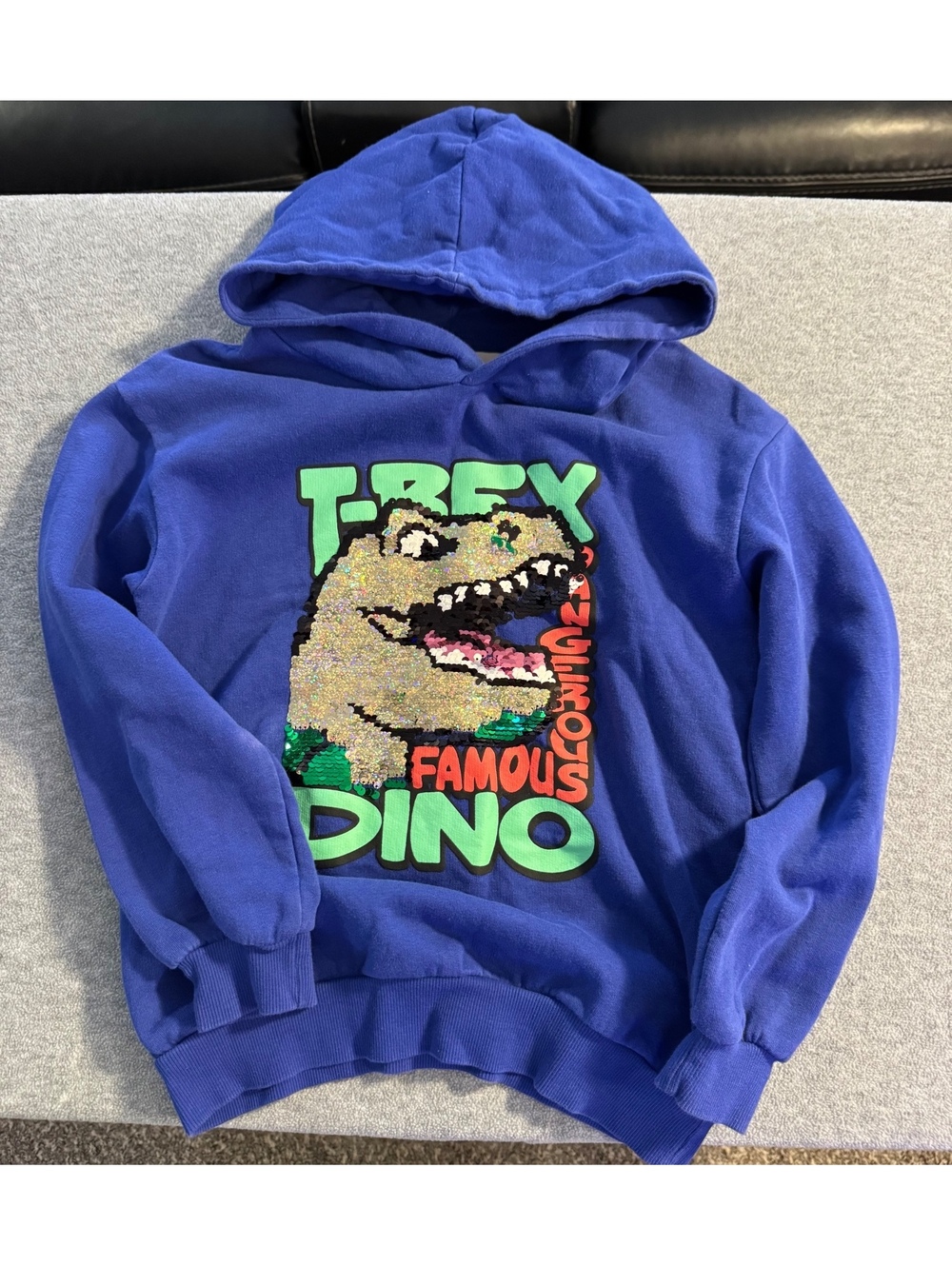 H and M kids blue T Rex hooded sweatshirt with flip sequin graphic